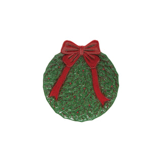 Embossed Hand-Painted Ceramic Wreath Shaped Plate W Bow, Green & Red