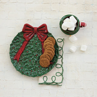 Embossed Hand-Painted Ceramic Wreath Shaped Plate W Bow, Green & Red