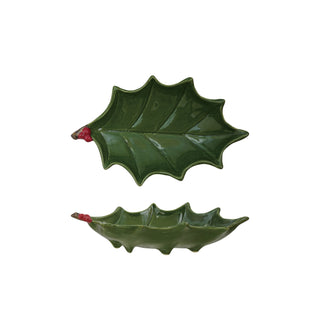Hand-Painted Holly Leaf Shaped Tray w Berries, Green & Red