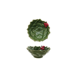 4-3/4" Round x 1-3/4"H Hand-Painted Holly Leaves Shaped Bowl w/ Berries,