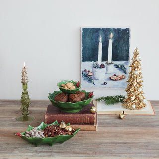 Hand-Painted Holly Leaves Shaped Bowl W Berries, Green & Red