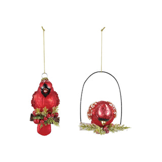 Glass Cardinal on Branch Ornament W Holly, Sequins, 2 Styles