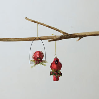 Glass Cardinal on Branch Ornament W Holly, Sequins, 2 Styles