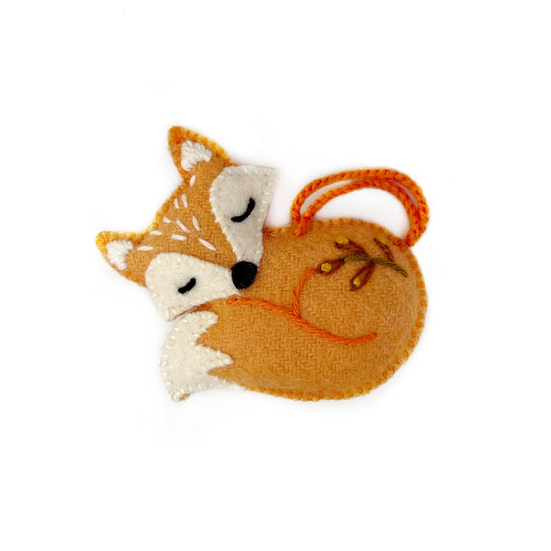 Sleeping Fox Embroidered Wool Ornament